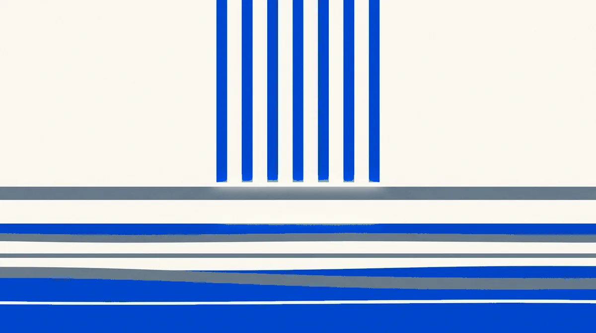 Seven evenly spaced vertical bars descending in parallel and stopping together at one shared horizontal band
